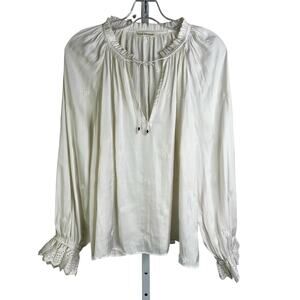 Ulla Johnson Creamy White Peasant Blouse Womens‎ 8 Ruffle Trim Drawstring